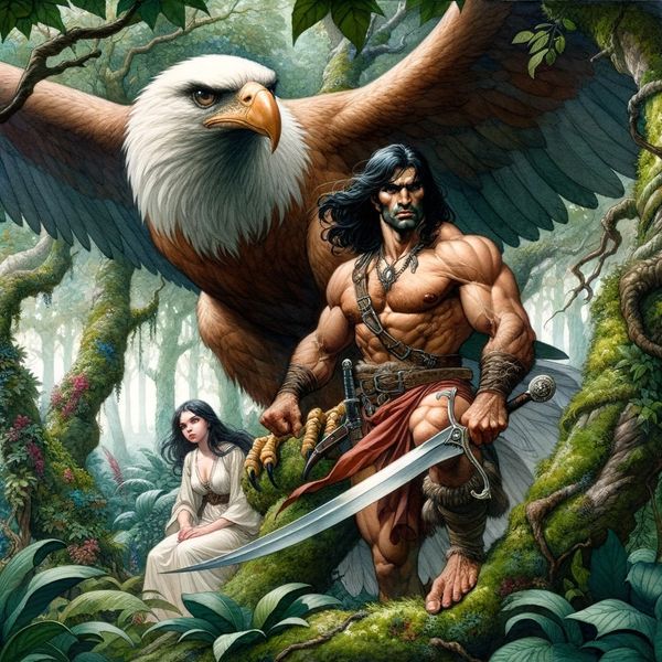 Escena de un hombre musculoso sosteniendo una espada un águila y una mujer.